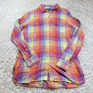 Lands End Shirt Womens Small Plaid Linen Button Down Long Sleeve Casual Top